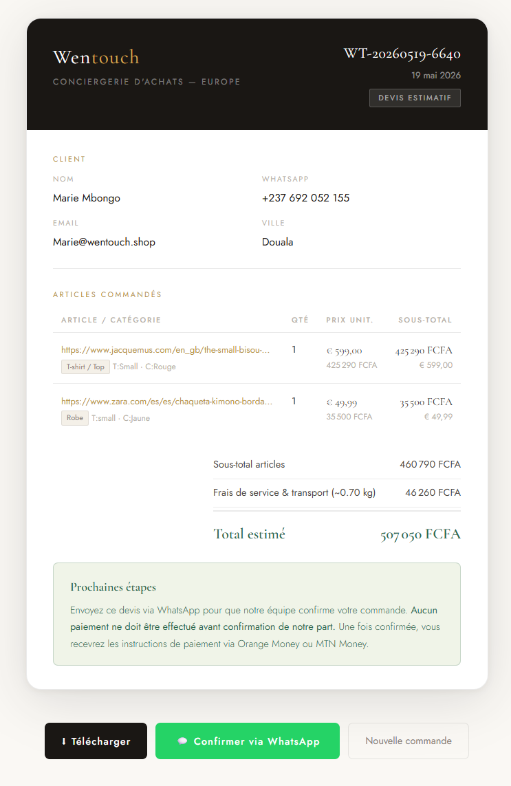 Aperçu d'un devis premium Wentouch détaillant le prix d'achat en euros, les frais de service, la livraison Europe-Cameroun et le total final en francs CFA (XAF), transparent et sans frais cachés